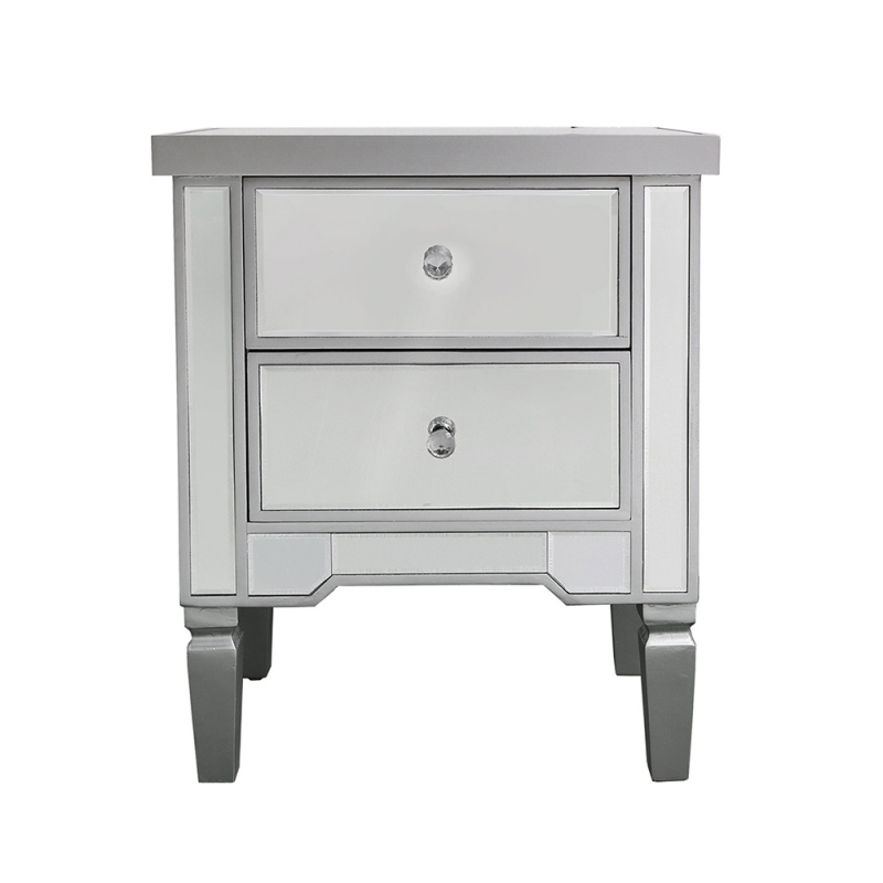 2 Drawer Silver Wood & Mirror Bedside Cabinet