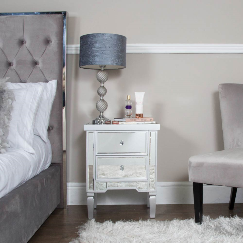 2 Drawer Silver Wood & Mirror Bedside Cabinet