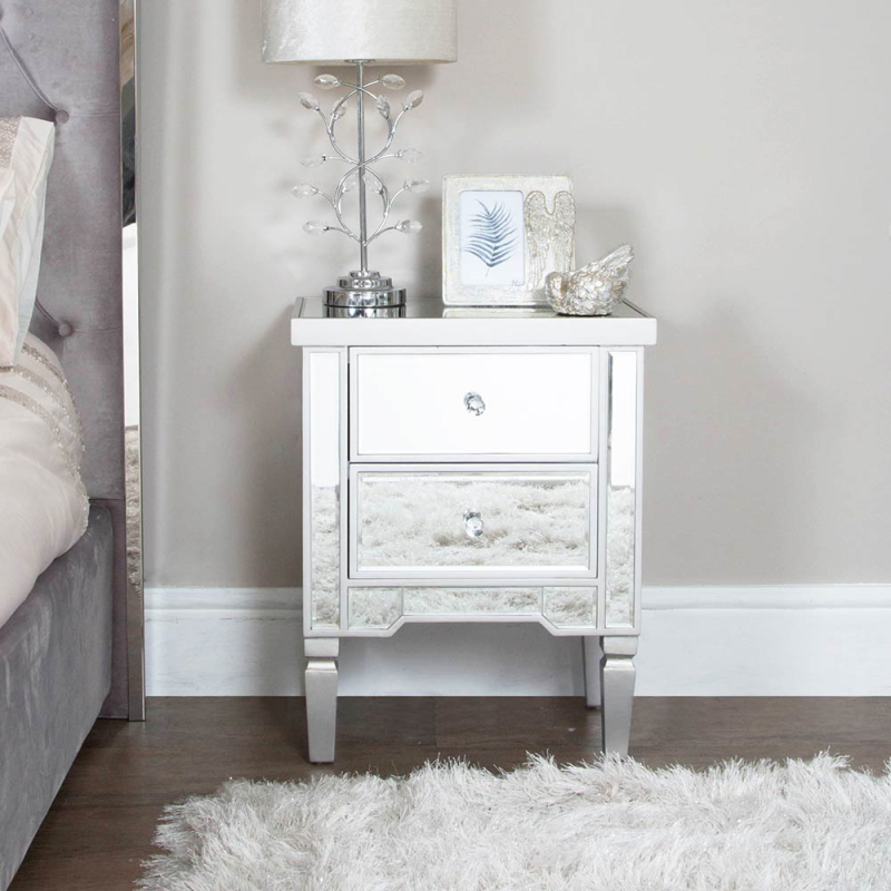 2 Drawer Silver Wood & Mirror Bedside Cabinet