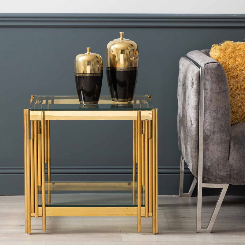 Gold Tubes and Clear Glass End Table