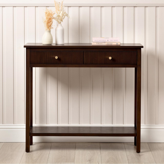 Walnut Brown 2 Drawer Console Table with Gold Handles