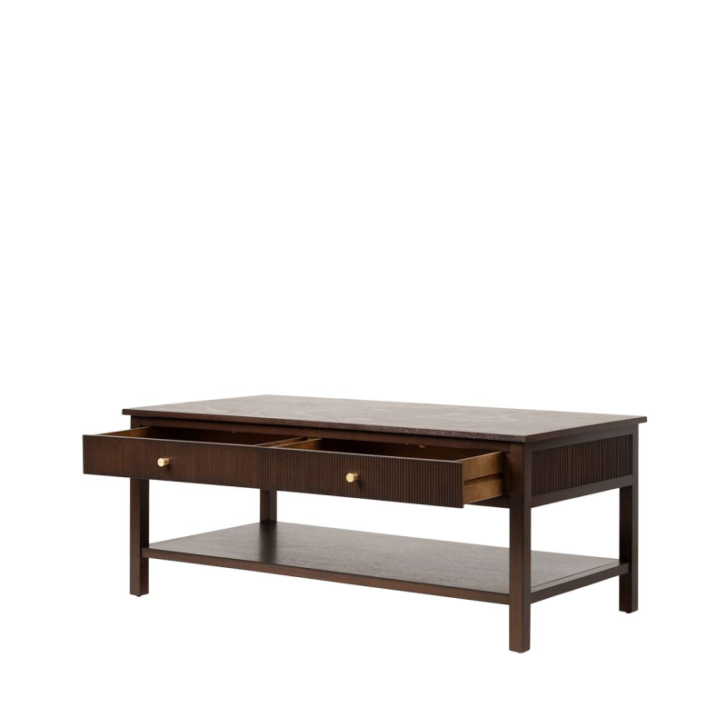 2 Drawer Coffee Table Walnut Brown with Gold Handles