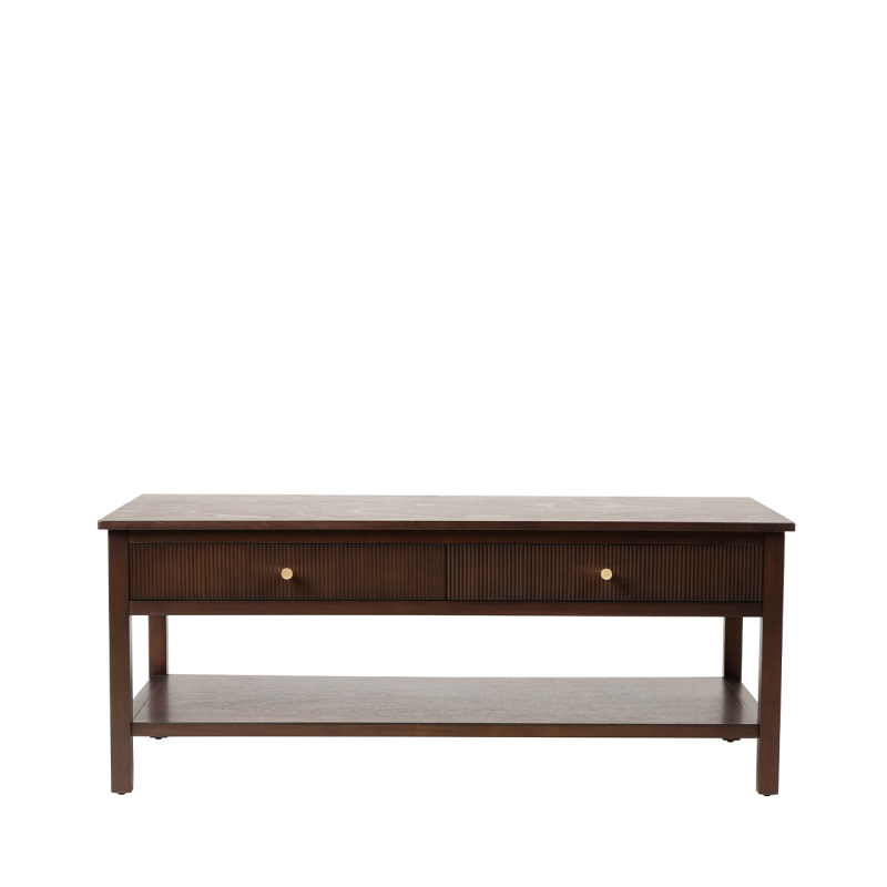 2 Drawer Coffee Table Walnut Brown with Gold Handles