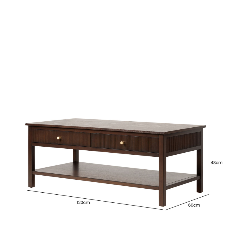 2 Drawer Coffee Table Walnut Brown with Gold Handles