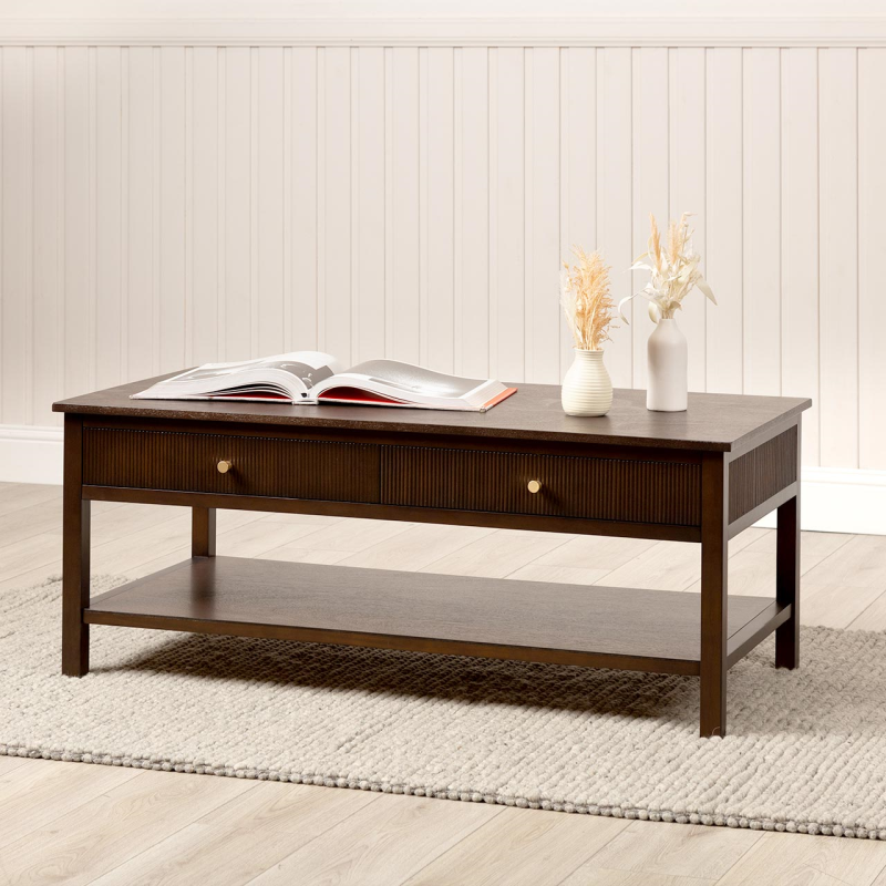 2 Drawer Coffee Table Walnut Brown with Gold Handles