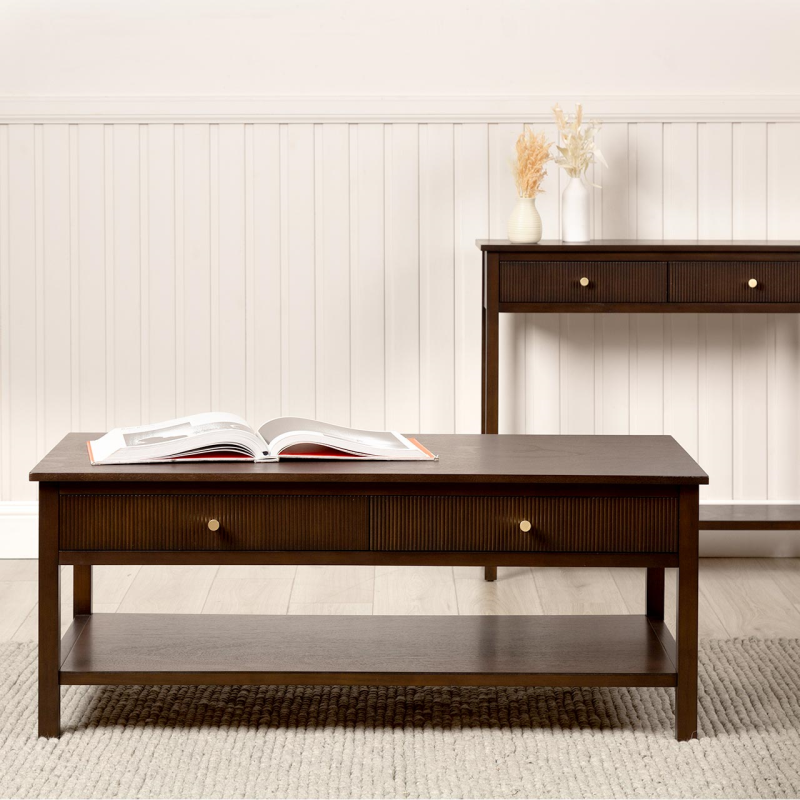 2 Drawer Coffee Table Walnut Brown with Gold Handles