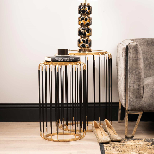 Set of 2 Black and Gold Metal with Black Mirror Top Nesting Tables