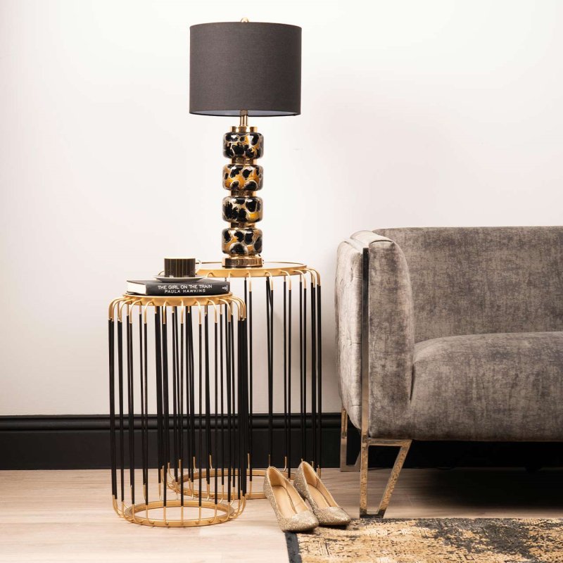 Set of 2 Black and Gold Metal with Black Mirror Top Nesting Tables