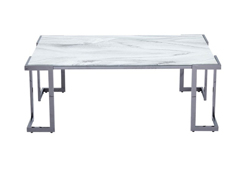 Aamari Grey Gunmetal with White Faux Marble Glass Top Coffee Table