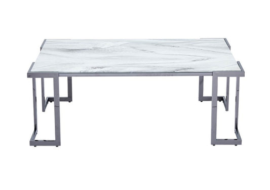 Aamari Grey Gunmetal with White Faux Marble Glass Top Coffee Table