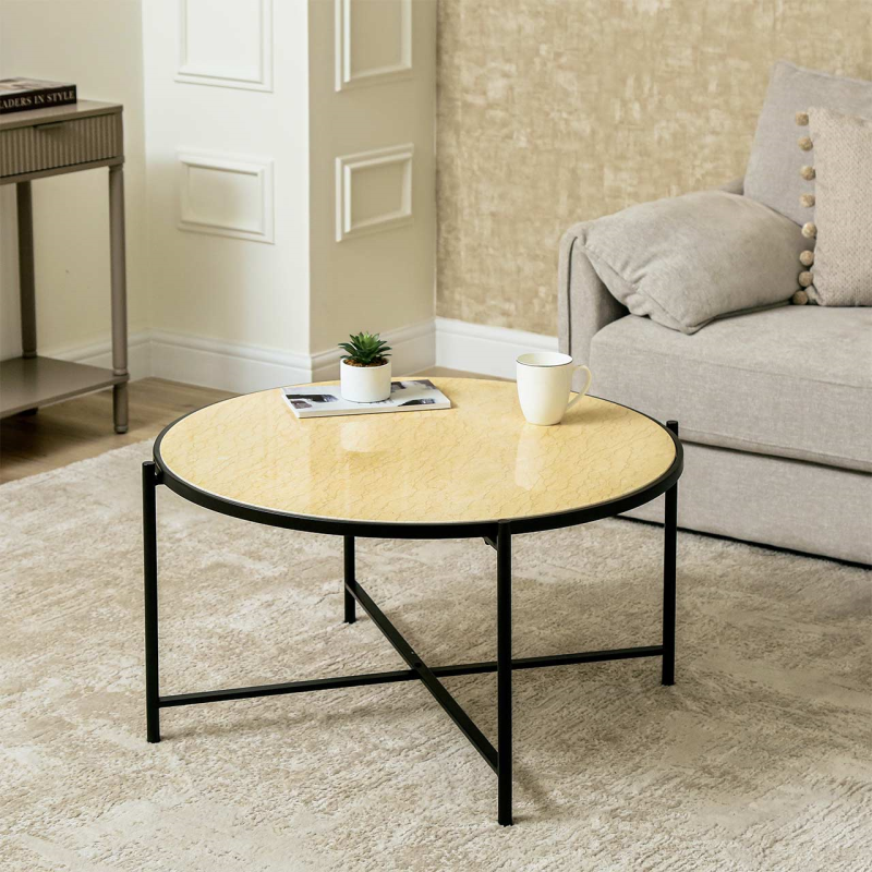 Black Metal Coffee Table with Travertine Marble Top
