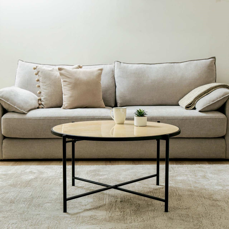 Black Metal Coffee Table with Travertine Marble Top