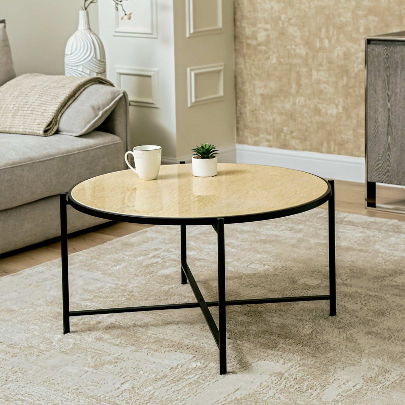 Black Metal Coffee Table with Travertine Marble Top