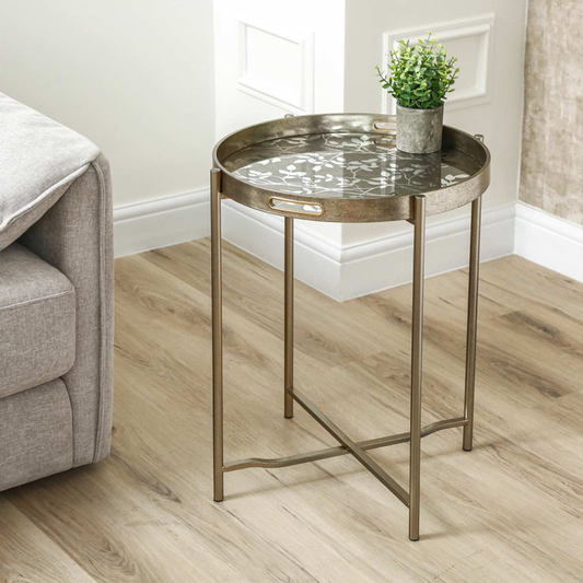 Champagne End Table with Leaves Design Glass Table Top