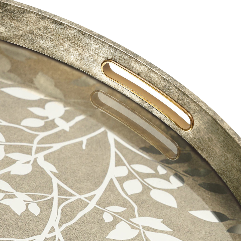 Champagne End Table with Leaves Design Glass Table Top