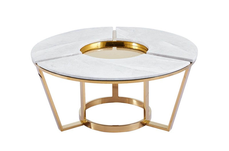 100cm Round Gold Metal with White Faux Marble Top Coffee Table