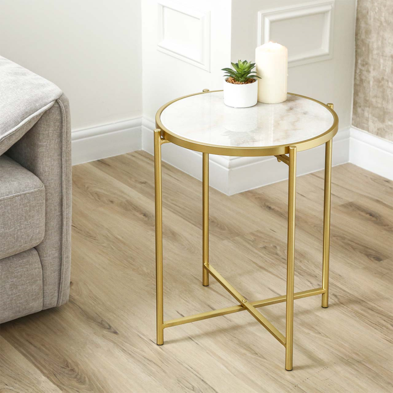 Gold Metal End Table with White Marble Top