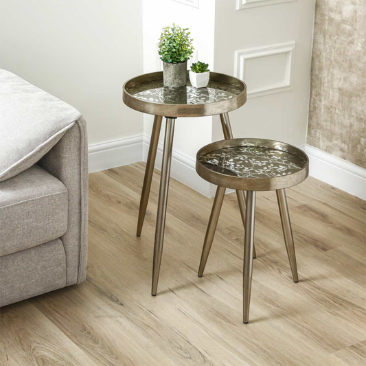 Set of 2 Champagne Nesting Table with Leaves Design KD Legs