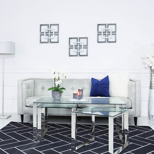 Set Of 3 Steel And Clear Glass End Tables