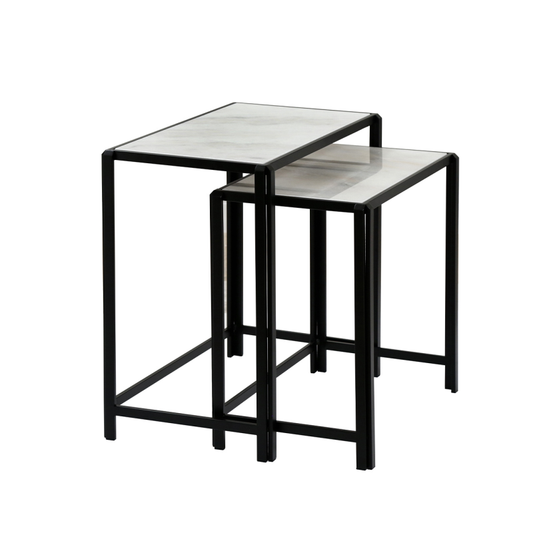 Set of 2 Black Metal Nesting Table with White Marble Top