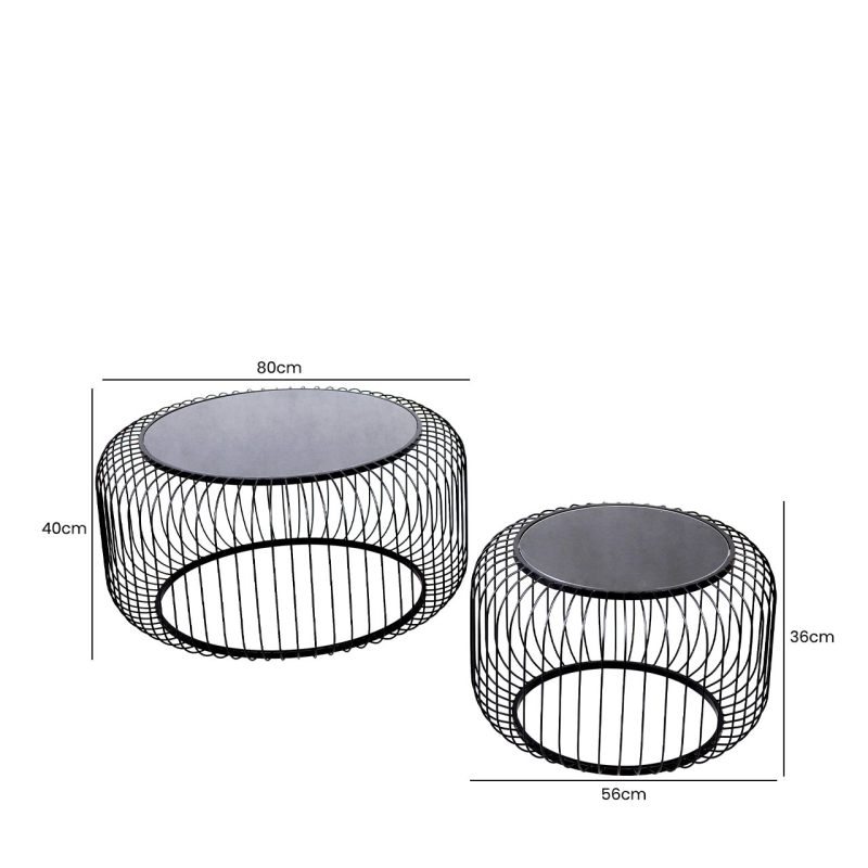 Set of 2 Black Metal with Black Glass Top Coffee Table