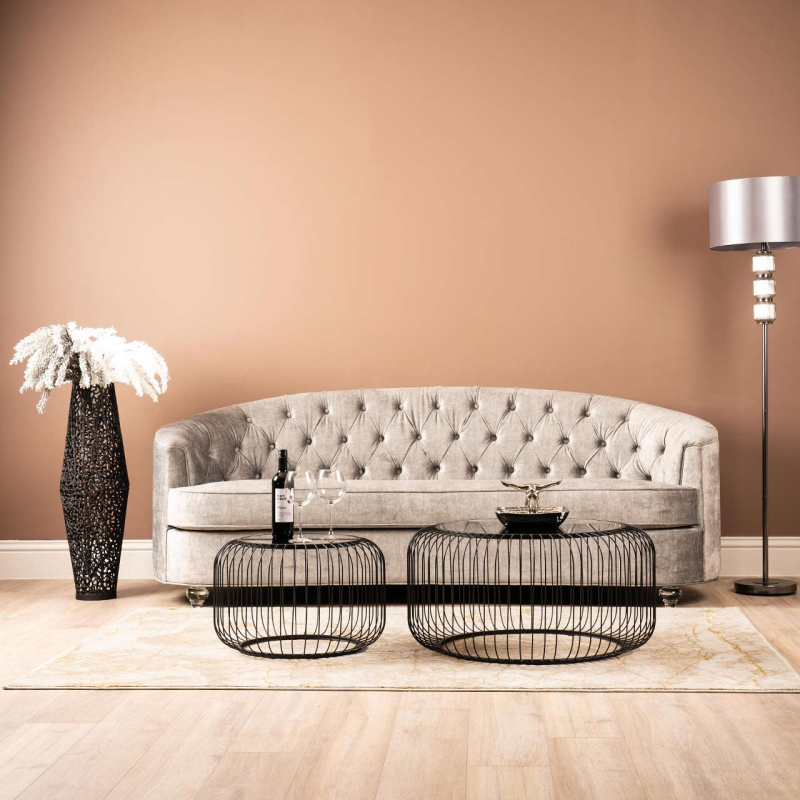 Set of 2 Black Metal with Black Glass Top Coffee Table