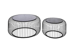 Set of 2 Black Metal with Black Glass Top Coffee Table