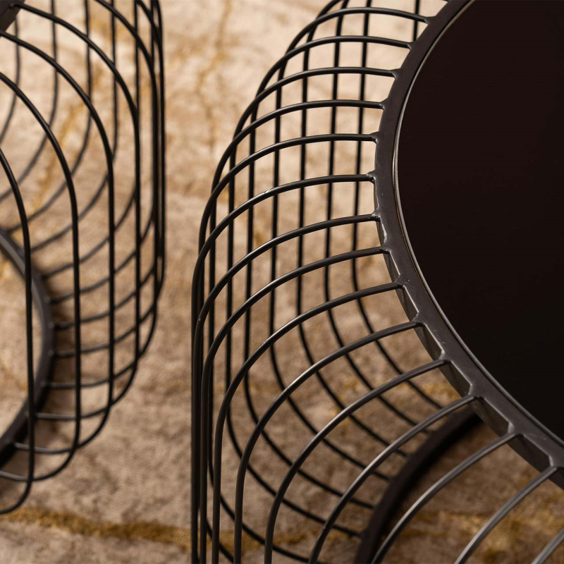 Set of 2 Black Metal with Black Glass Top Coffee Table