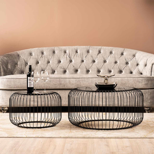 Set of 2 Black Metal with Black Glass Top Coffee Table