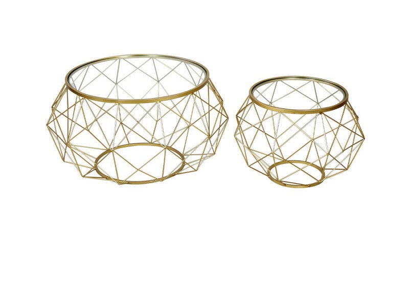 Set of 2 Gold Metal Mesh Coffee Table with Glass Top