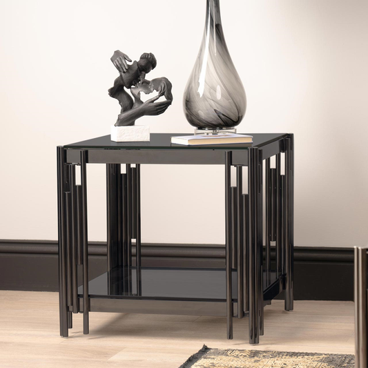 Black Gunmetal Steel Tubes and Smoke Glass Top End Table