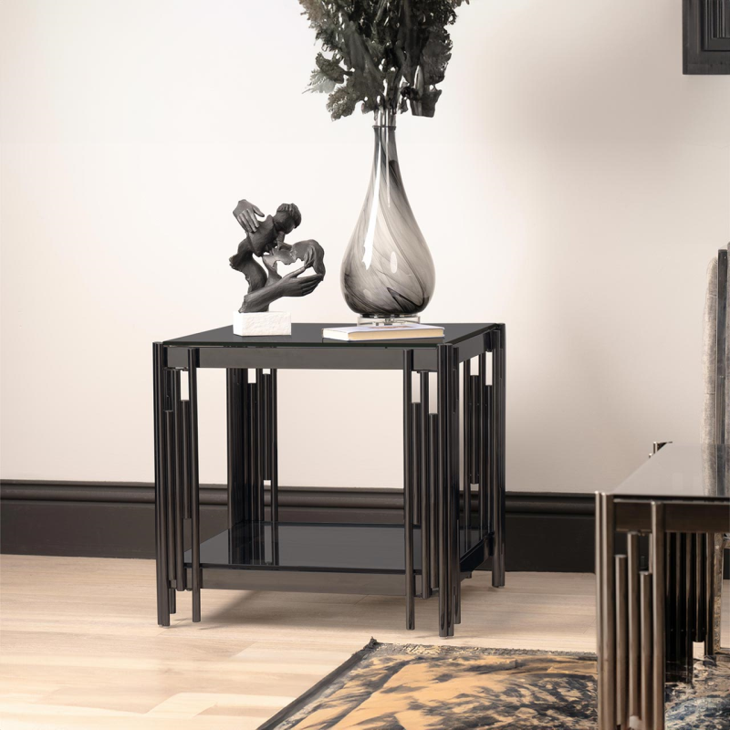 Black Gunmetal Steel Tubes and Smoke Glass Top End Table