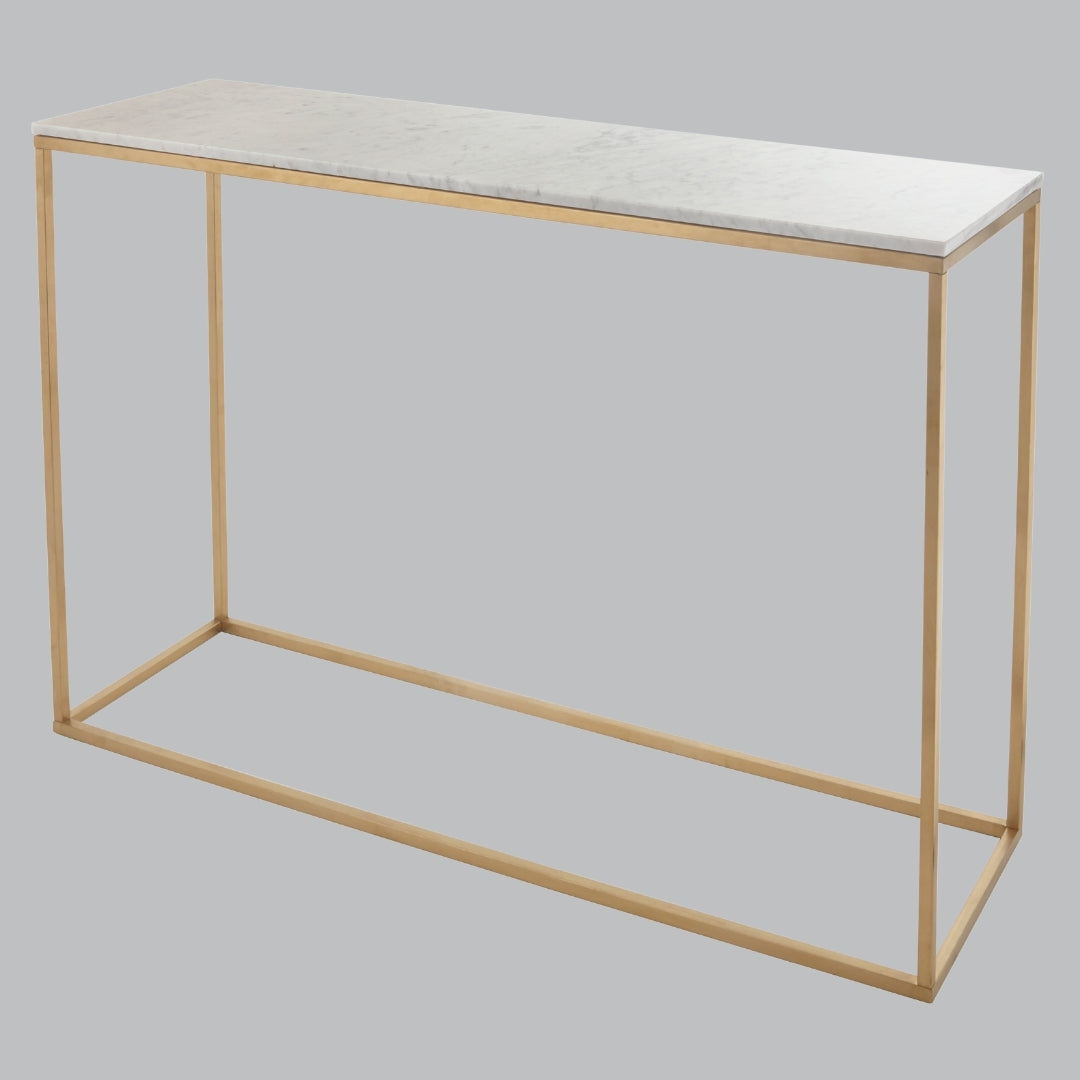 Yarrow Console Table featuring a sleek wooden top and contemporary metal legs, perfect for modern entryways, hallways, or living spaces