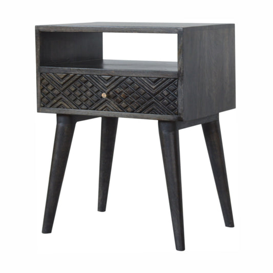 Ash Black Carved Drawer Bedside Table for Elegant Bedroom Storage