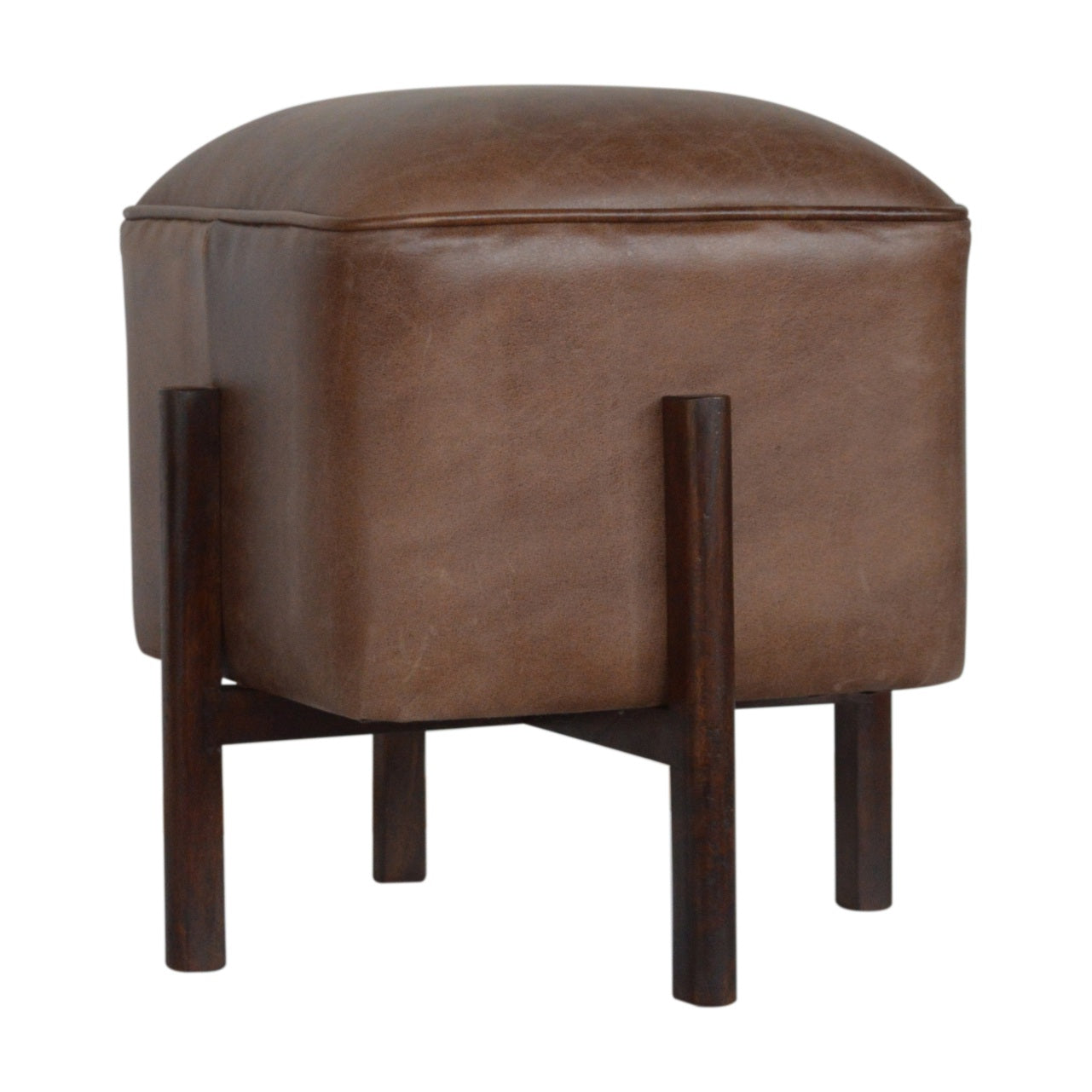 Cubic Footstool with Solid Wood Legs in Brown Leather