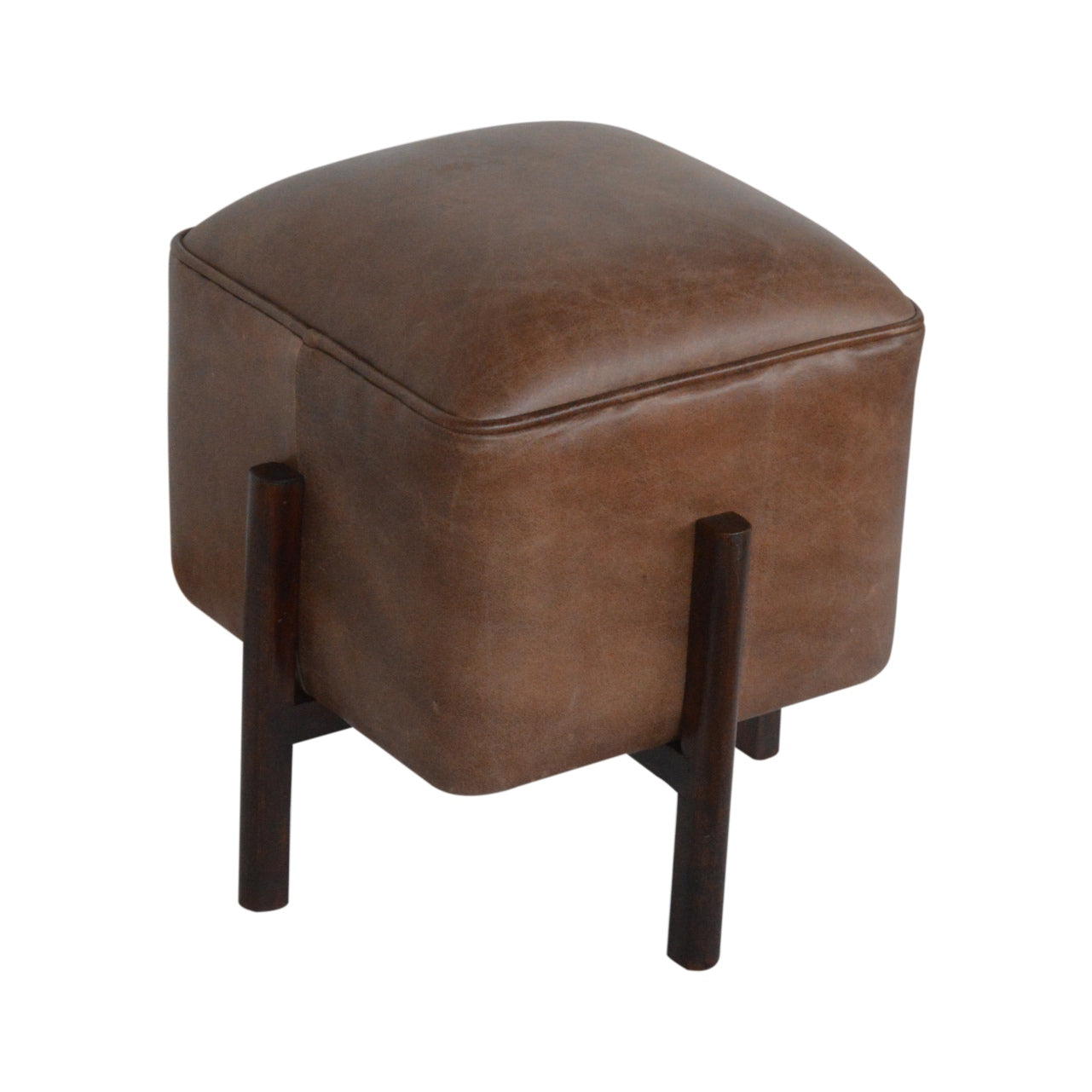 Cubic Footstool with Solid Wood Legs in Brown Leather