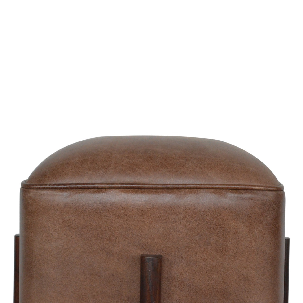 Cubic Footstool with Solid Wood Legs in Brown Leather