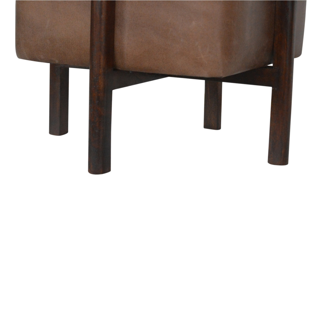 Cubic Footstool with Solid Wood Legs in Brown Leather