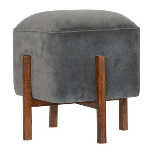 Cubic Footstool with Solid Wood Legs in Grey Velvet