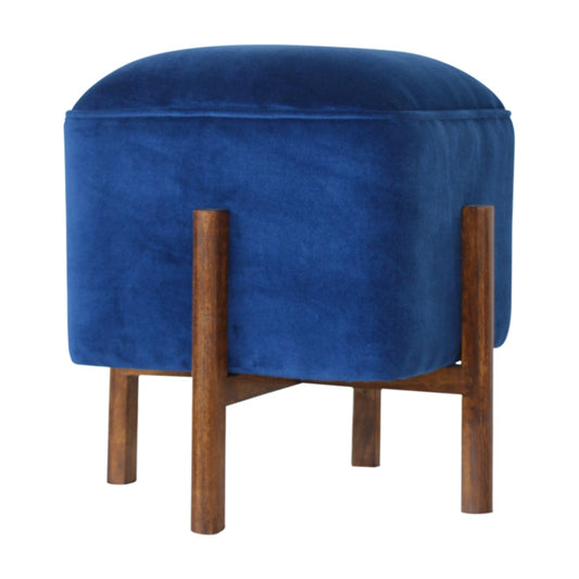 Cubic Footstool with Solid Wood Legs in Royal Blue Velvet