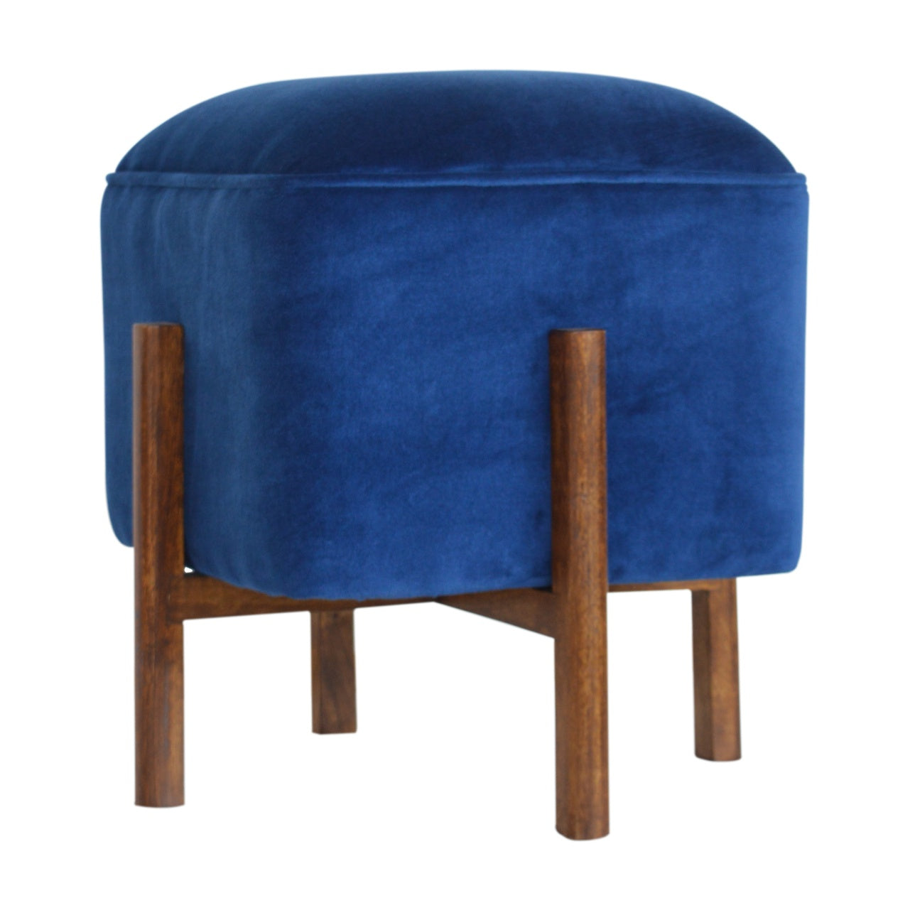 Cubic Footstool with Solid Wood Legs in Royal Blue Velvet