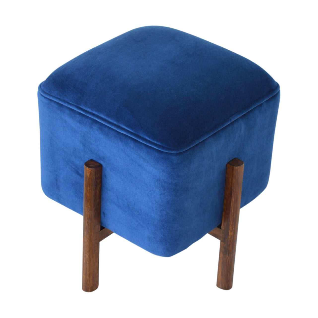 Cubic Footstool with Solid Wood Legs in Royal Blue Velvet