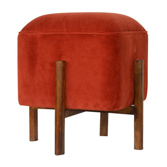 Cubic Velvet Footstool with Solid Wood Legs in Brick Red