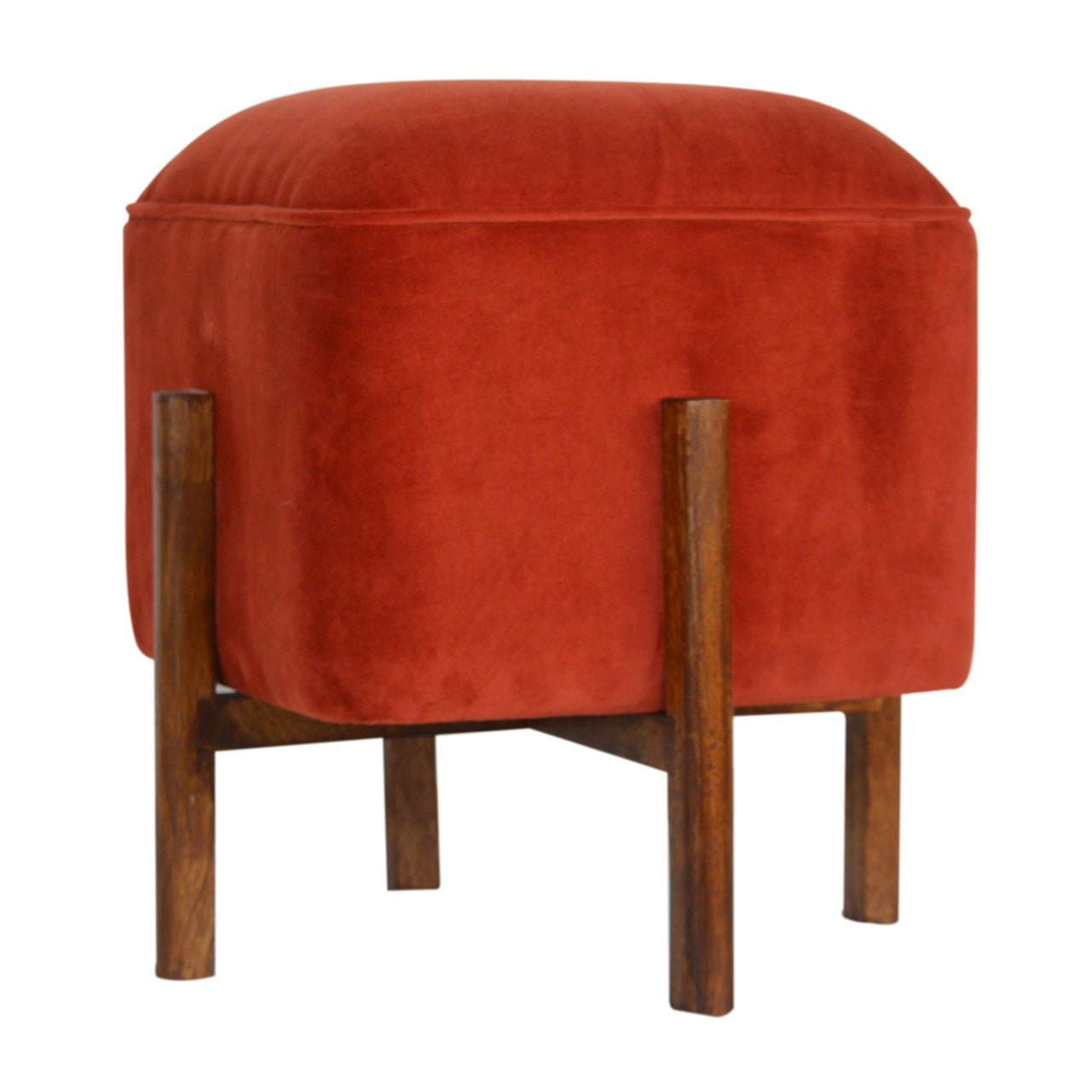 Cubic Velvet Footstool with Solid Wood Legs in Brick Red