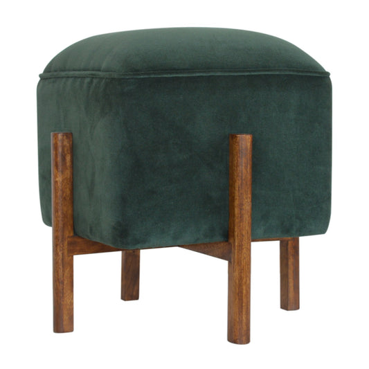Cubic Footstool with Solid Wood Legs in Emerald Velvet