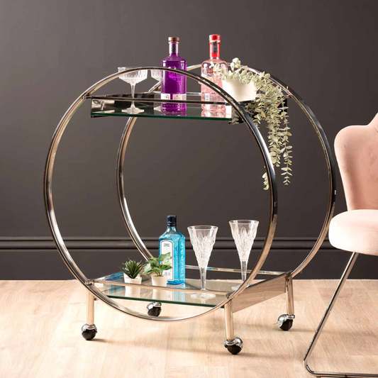 Chrome Metal and Clear Glass Drinks Trolley