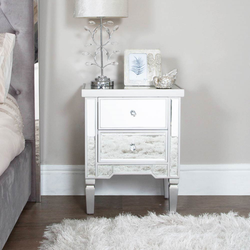 2 Drawer Silver Wood & Mirror Bedside Cabinet