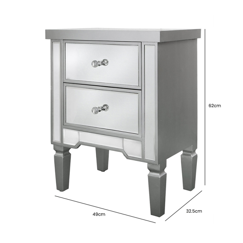 2 Drawer Silver Wood & Mirror Bedside Cabinet