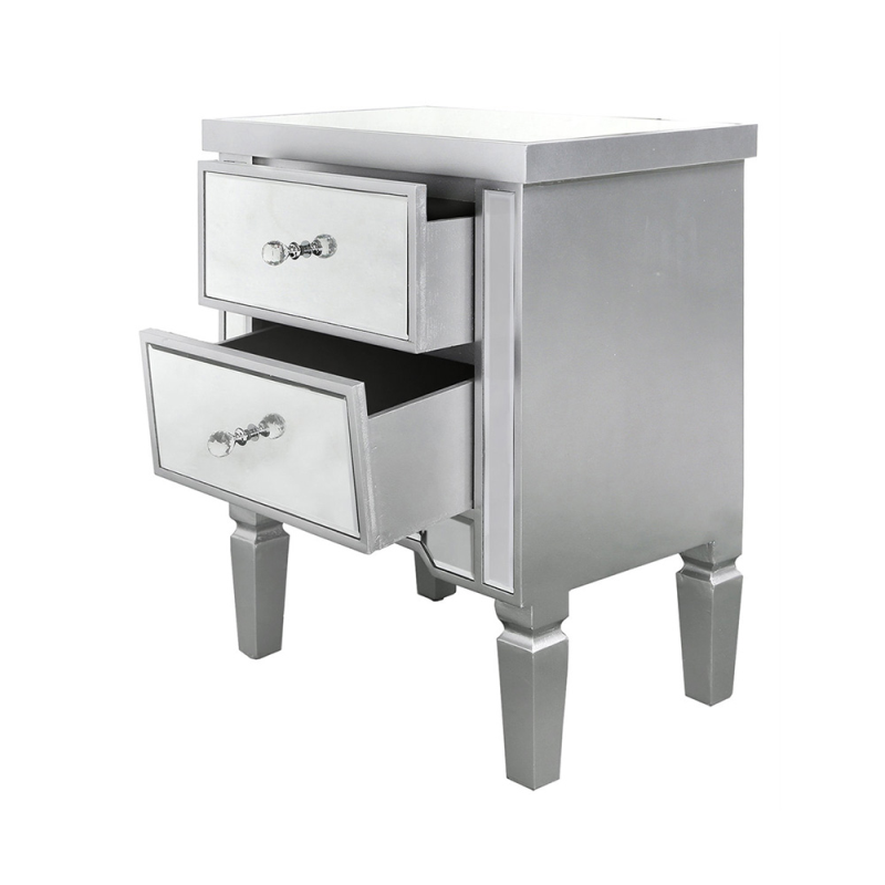 2 Drawer Silver Wood & Mirror Bedside Cabinet