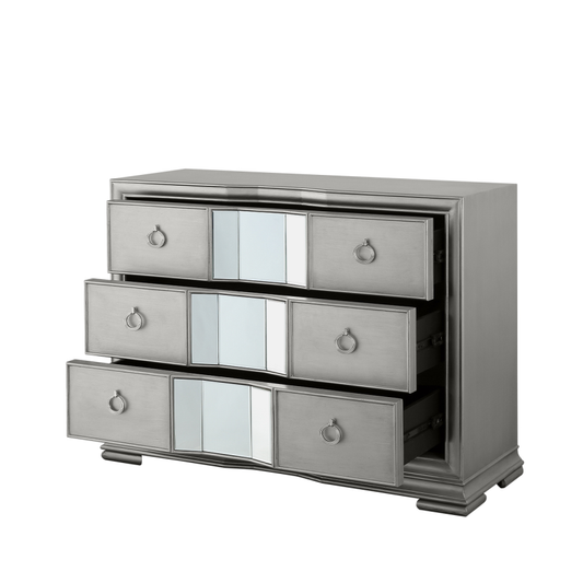 The grey three-drawer chest